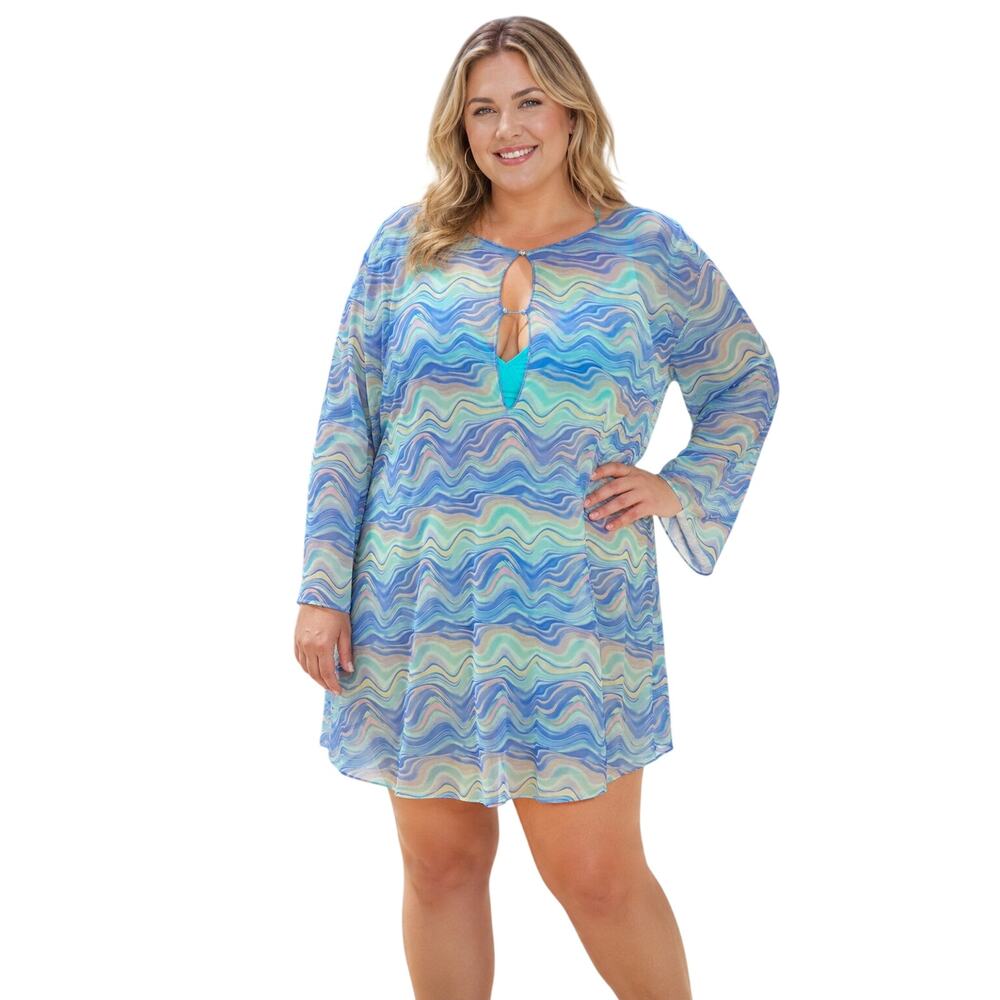 ASOS DESIGN Plus Size Mesh Swim Cover Up Tunic Blue Beach Resort US 18
